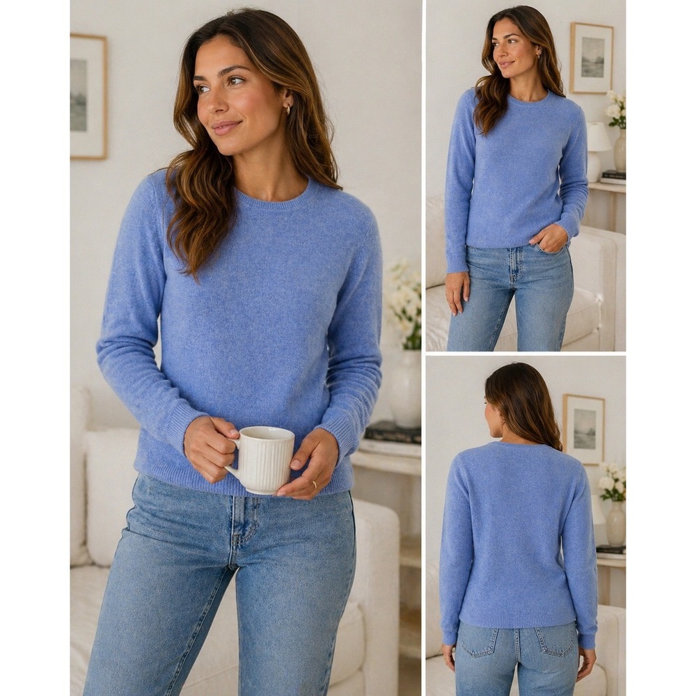Tahari Pure Luxe Cashmere Sweater Womens Small Blue Crewneck Pullover RN 75343